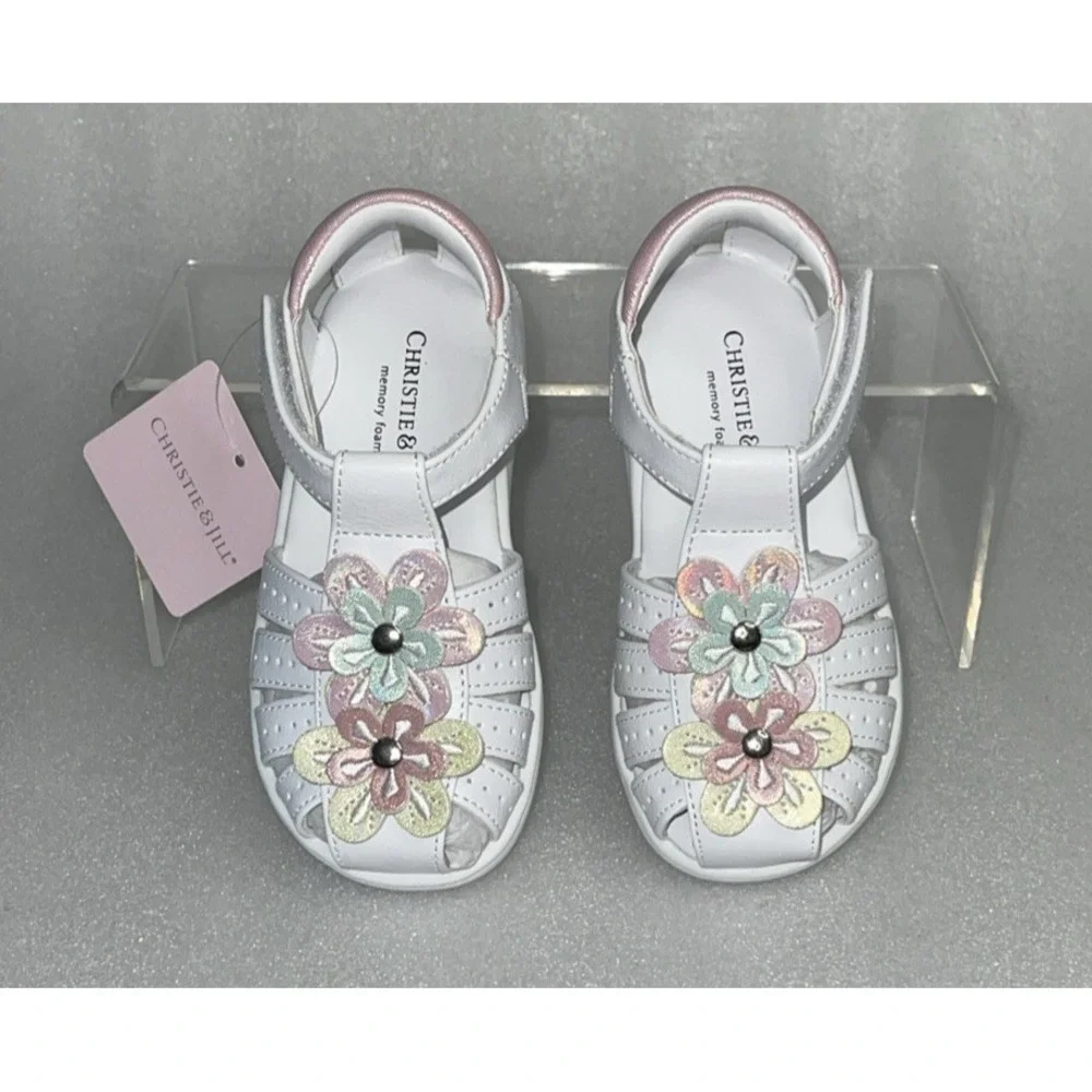 Christie & Jill Sandals Lil Mila White & Pink Flowers Little Girls‎ Size 7M New